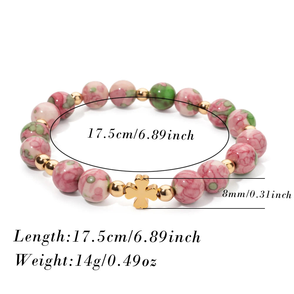 New 8MM Natural Stone Girl Bracelets Colorful Round Beads Alloy Gold Color Cross Women Bangle Fashion Jewelry Accessories 2024