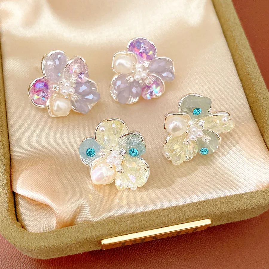 Iridescent Glass Beads Zircon Flower Stud Earrings Pastel Floral Imitation Pearl Earrings for Women Fairy Dating Daily Jewelry N
