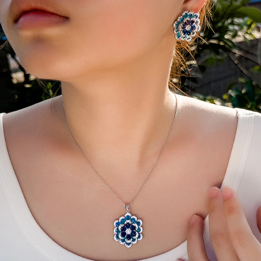 ThreeGraces 2025 New Fashion Blue Zirconia 3D Design Big Flower Earrings and Pendant Necklace Party Jewelry Set for Women J722