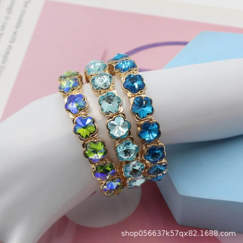 2026 Colored Rhinestone Flower Enamel Gold Bracelet Mocha Full Diamond Elastic Stacked Fashion Bridal Accessories