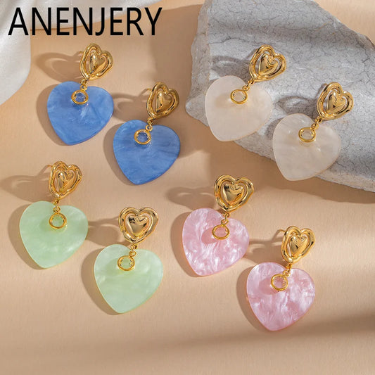 ANENJERY 316L Stainless Steel Double Layer Heart Pendant Stud Earrings For Women French Vintage Luxury Niche Jewelry Gift
