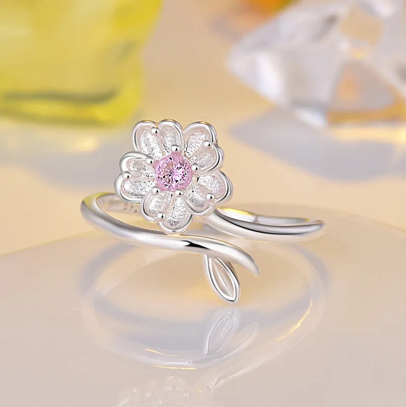 925 Sterling Silver Ring Adjustable Open Flowers Couple Engagement Rings For Women Wedding Ring Party Fashion Jewelry Gift