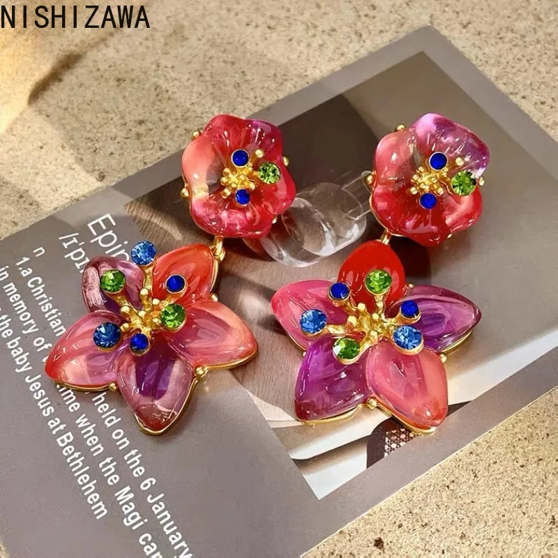 NISHIZAWA Gradient Crystal Earrings for Women Palace Style Vintage Flowers Aretes De Mujer Fashion Elegant Hyperbole Jewelry