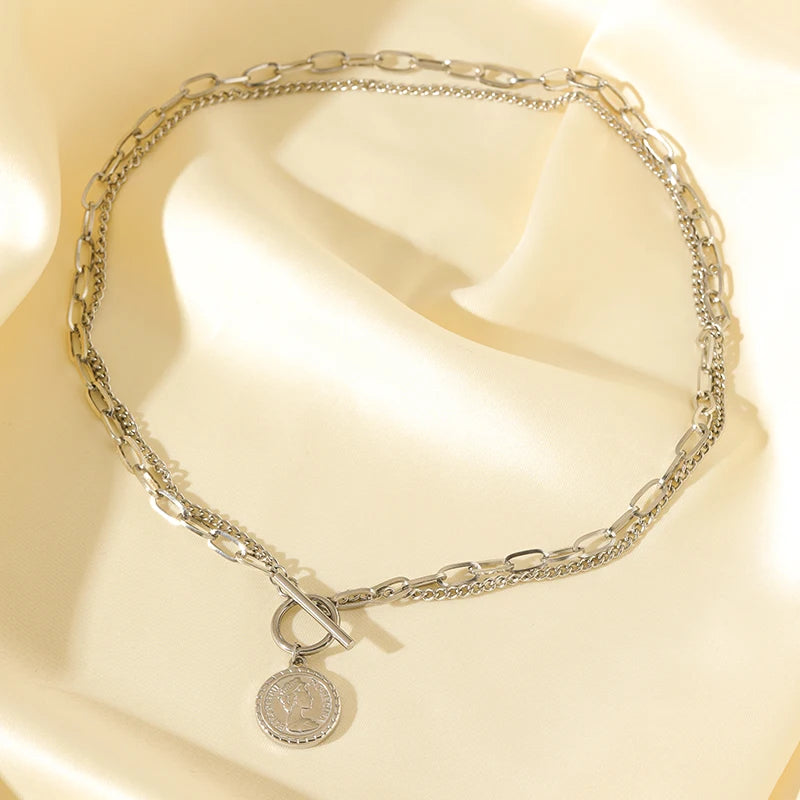 EILIECK 316L Stainless Steel Gold Color Portrait Coin Necklace Bracelets Set For Women New Trendy OT Buckle Waterproof Jewelry