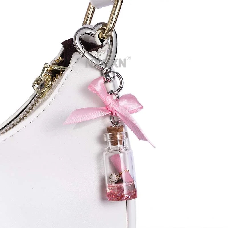 1pc Pink Drift Bottle Cute Bow Pretty Keychain Lovely Ocean Communicate Key Ring For Women Girls Handmade Good Gift Jewelry