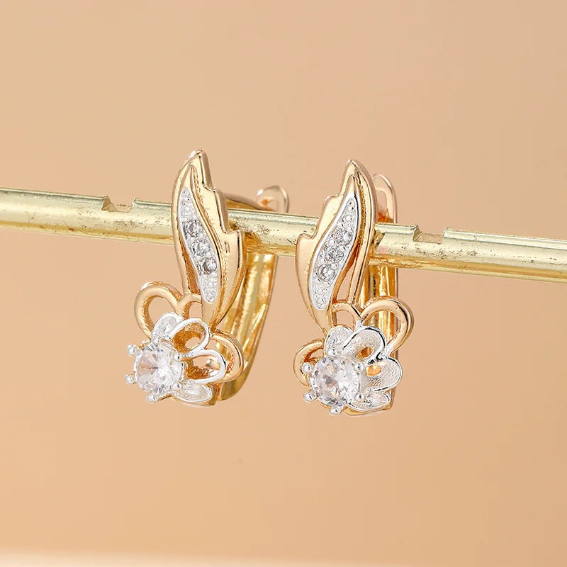 Luxury Elegant Full Shiny Zircon Dangle Gold Color Flower Earrings for Women Girl Wedding Party Fine Jewelry Daily Accessories