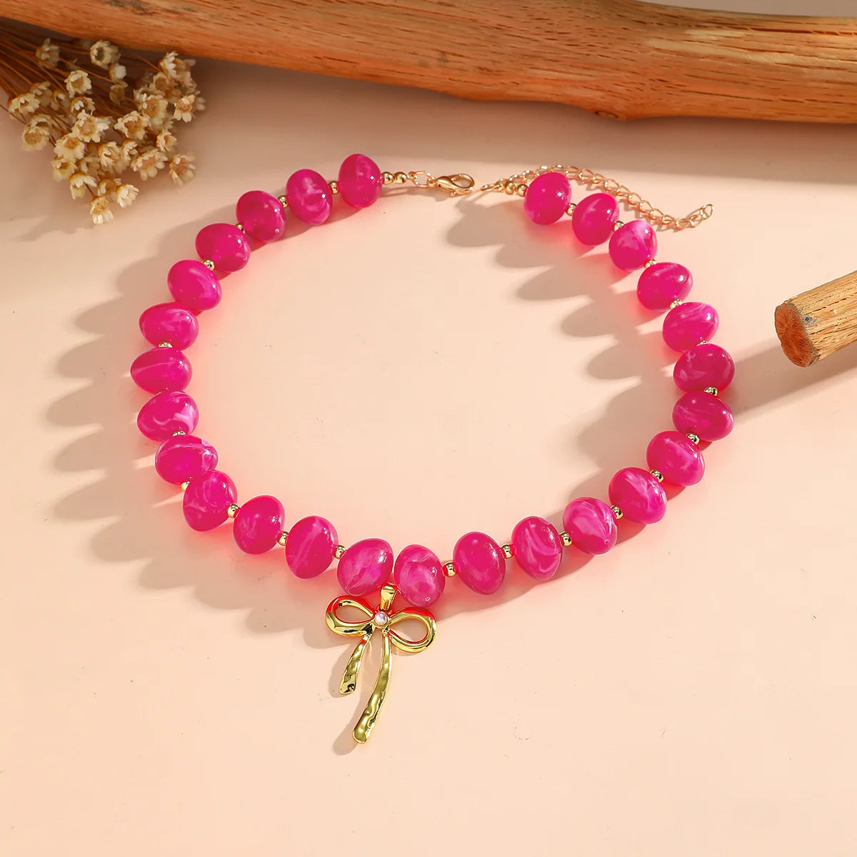 Pink Acrylic Round Beads Choker Necklace for Women Stainless Steel Gold Color Bowknot Pendant Collars Boho Beach Jewelry Gifts
