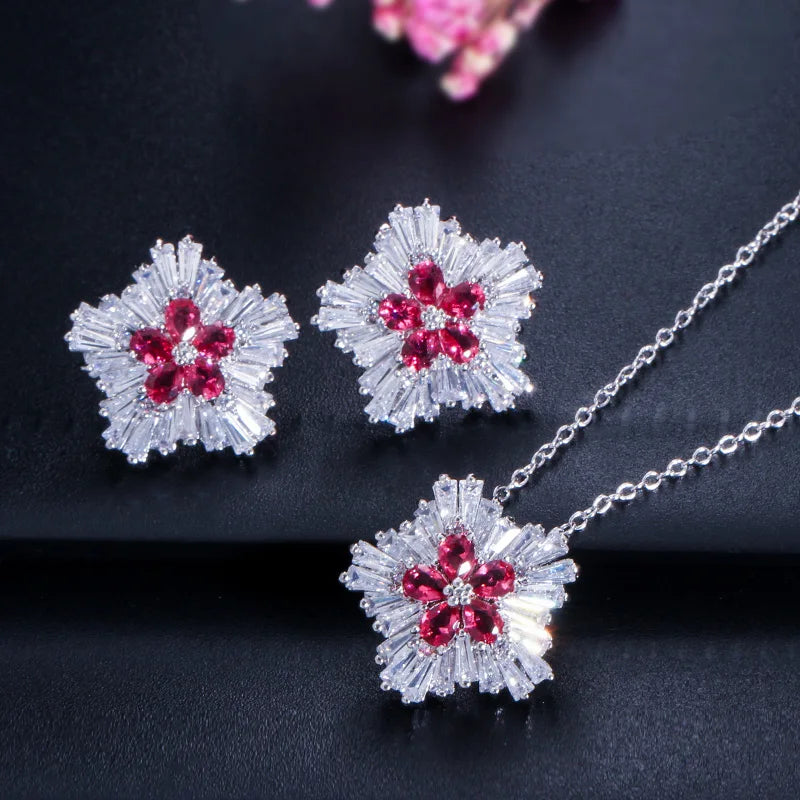 ThreeGraces Fashion Shiny Blue Green Cubic Zirconia Snow Flower Pendant Necklace and Stud Earrings Jewelry Set for Women T1226