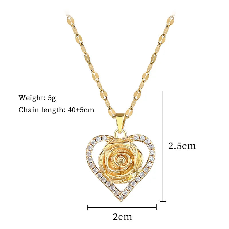 Unique Heart CZ Rose Flower Design Women's Pendant Necklace Aesthetic Bridal Wedding Accessories Gift for Mother's Day New