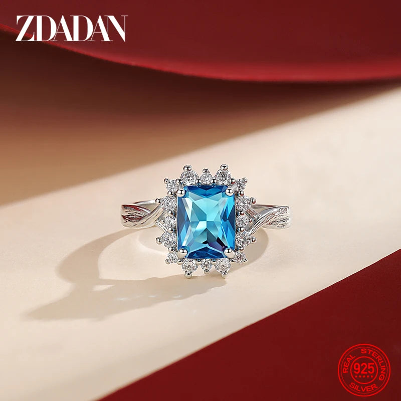 ZDADAN 925 Sterling Silver Light Blue Zircon Ring For Women Bride Jewelry Party Gift