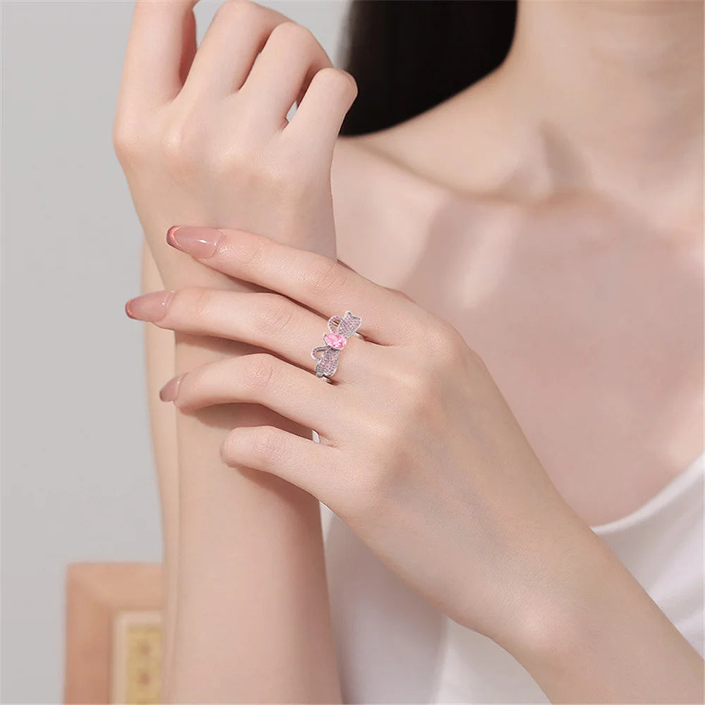 Cute Female Pink Zircon Stone Silver Color Butterfly Wedding Rings Promise Open Adjustable Engagement Jewelry For Women