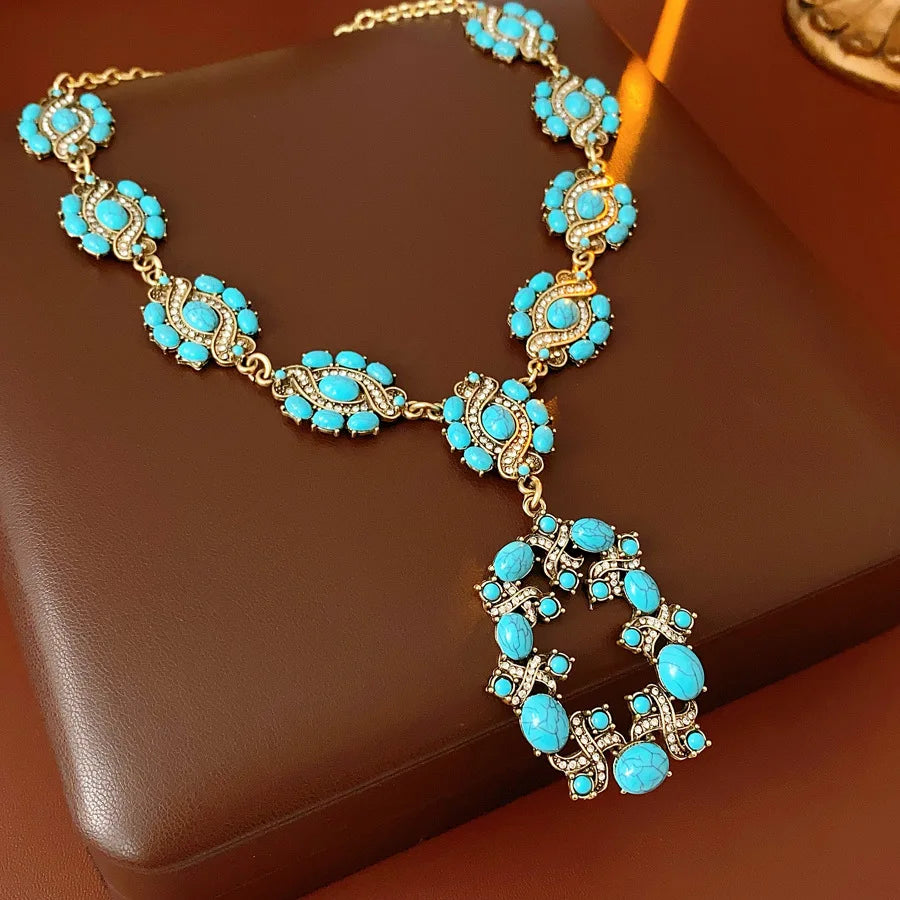 1/2 Pcs Vintage Cross Blue Oval Pendant Neckalces Women Mediaeval High-End Dangle Earrings Statement Banquet Jewelry Sets N