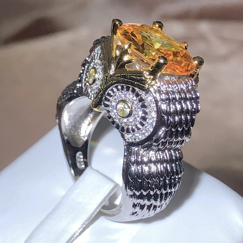2022 New Exaggerated Large Owl Shape Orange Zirconia Ring Women 925 Stamp Party Travel Birthday Jewelry Gift