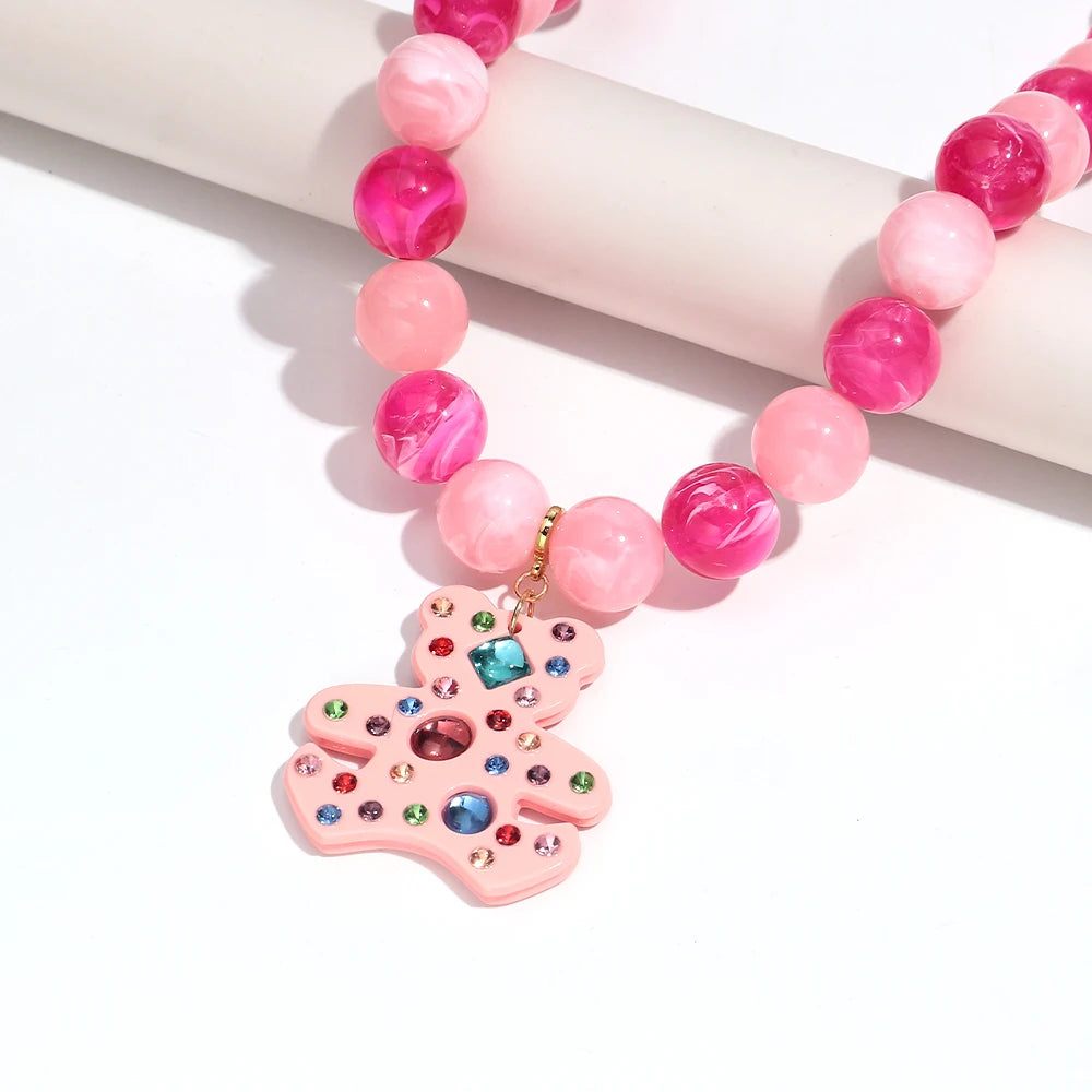 Fashion Acrylic Big Round Beads Bear Pendant Necklace for Women Colorful Geometric Beaded Choker Necklace Party Jewelry Gift