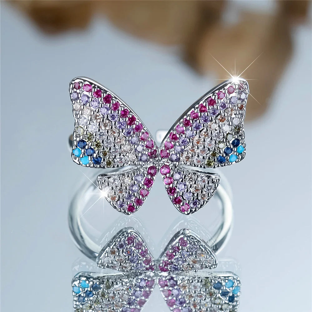 Charm Female Rainbow Butterfly Stone Adjustable Open Ring Gold Silver Color Cute Gift Wedding Jewelry For Women