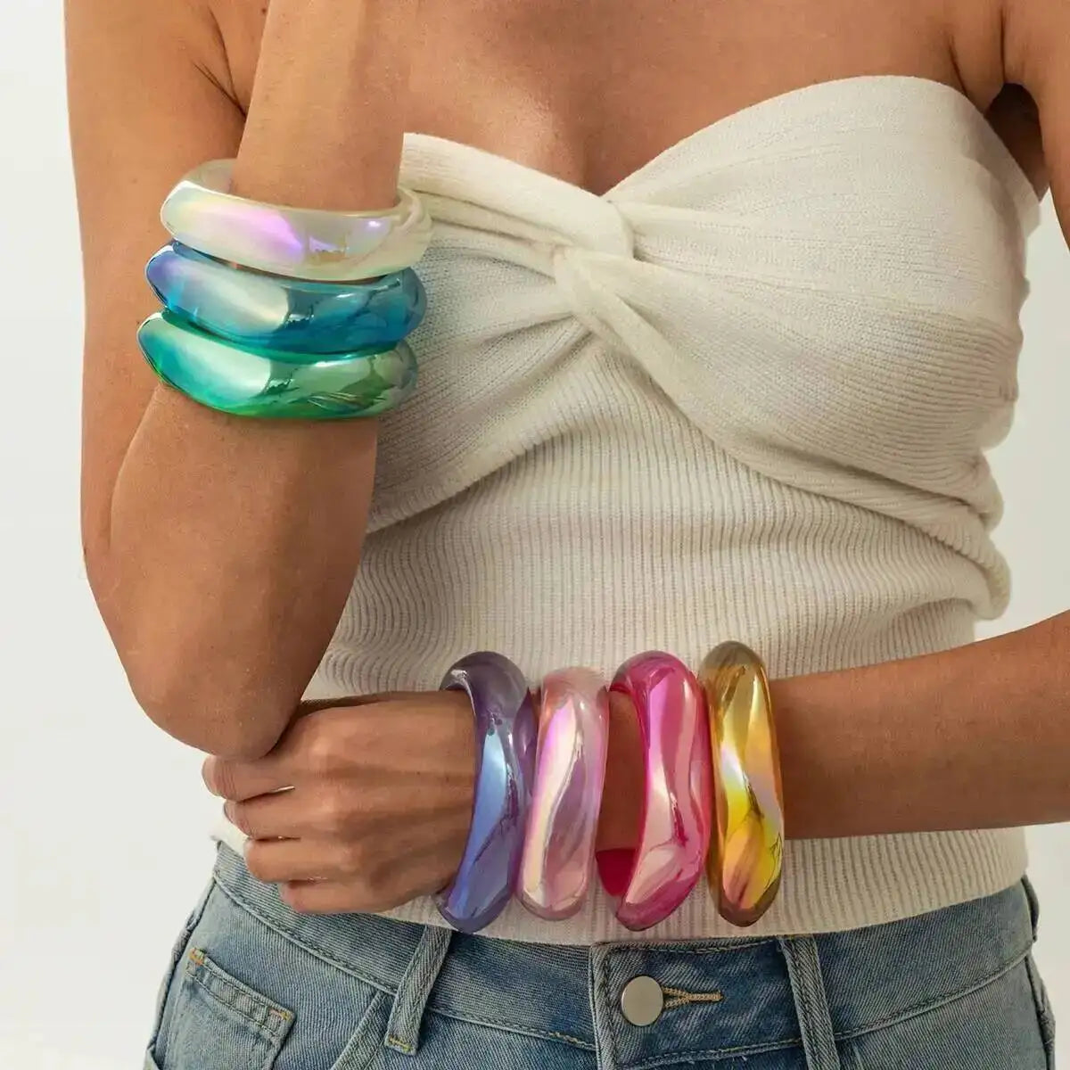 Lacteo 7 Styles Punk Hip Hop Colorful Transparent Resin Bangles Bracelets Women Creative Boho Chunky Bangles Aesthetics Jewelry