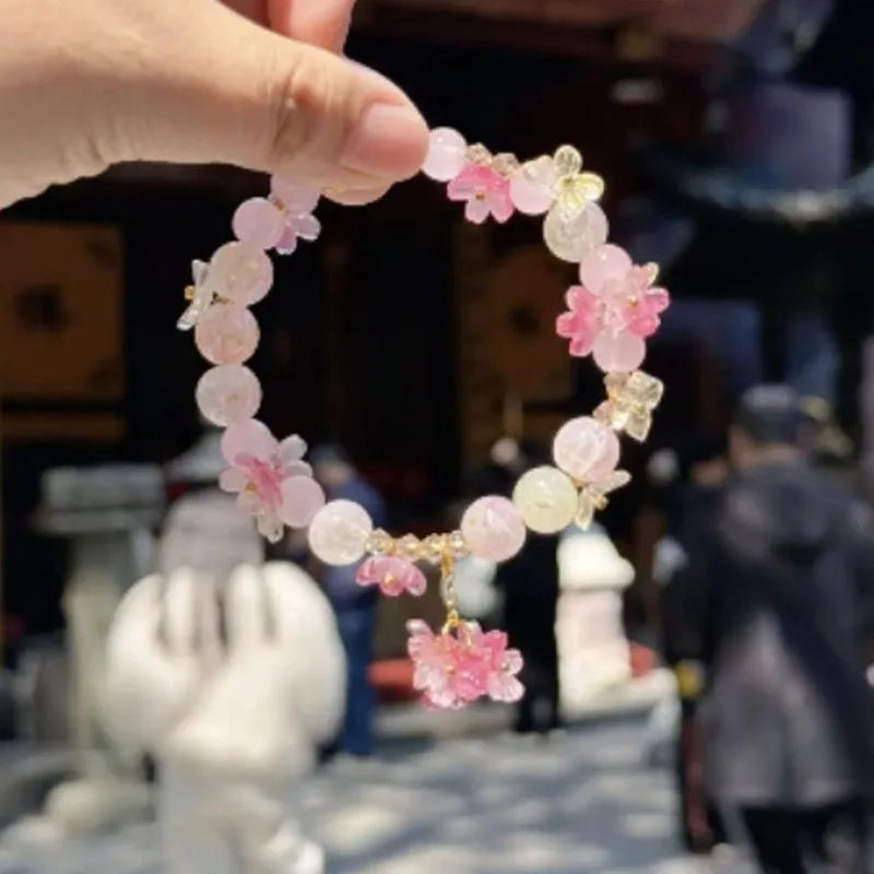 Pink Plum Cherry Blossom Crystal Butterfly Flower Berry Bracelet Women and Girls Sweet Delicat Jewelry Gifts
