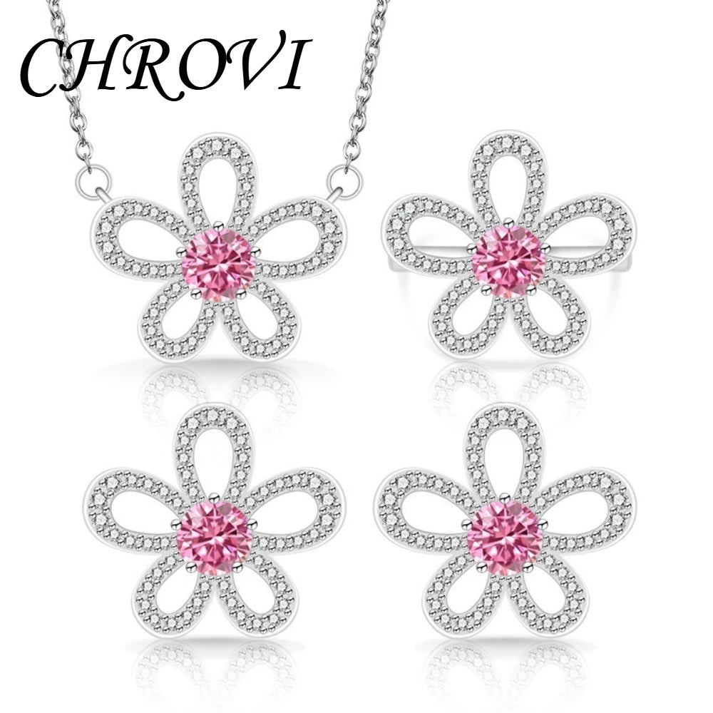 Sweet 925 sterling silver luxury full-diamond five-petal flower gemstone pendant ring earring three-piece jewelry set