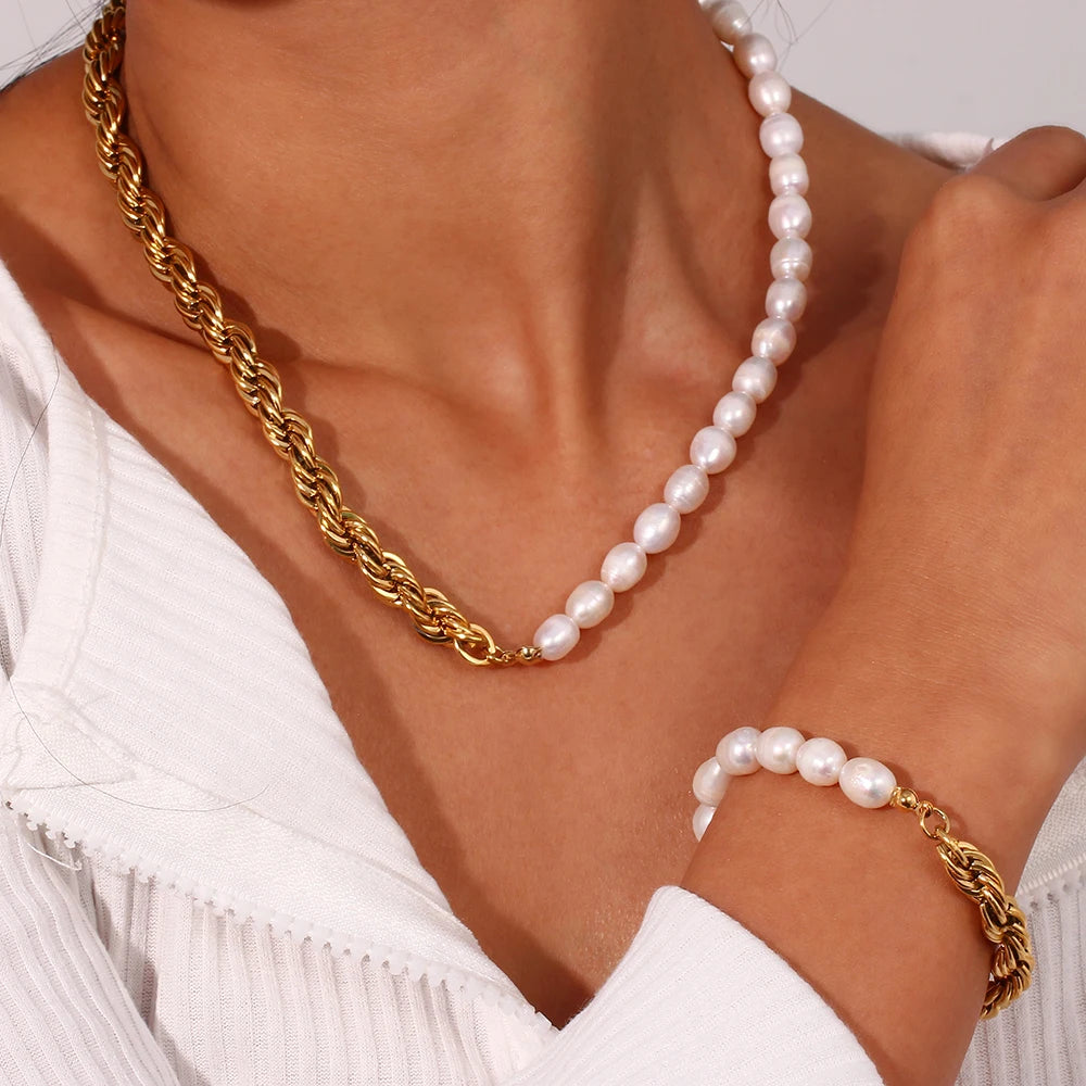 E.B.belle Bold Twisted Rope Chain Splicing with Freshwater Pearl Chunky Chain Necklace Jewelry On The Neck For Women