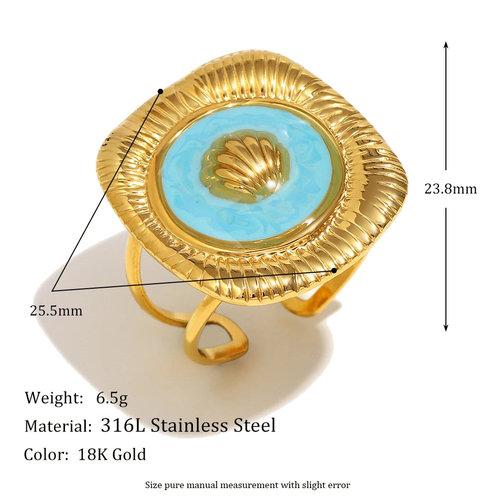 E.B.belle New Design Blue Drop Oil Square Shell Trendy Women's Earrings Rings 18K Gold Plated Stainless Steel Jewelry Set