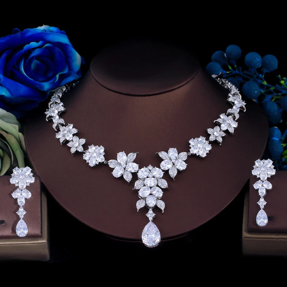 ThreeGraces Luxurious Shiny Water Drop Zirconia Long Flower Necklace Earrings Bridal Wedding Party Jewelry Set for Women T1028