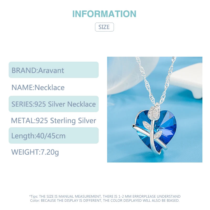 ZDADAN 925 Sterling Silver Rose Flowers Blue Heart Crystal Necklace For Women Fashion Jewelry