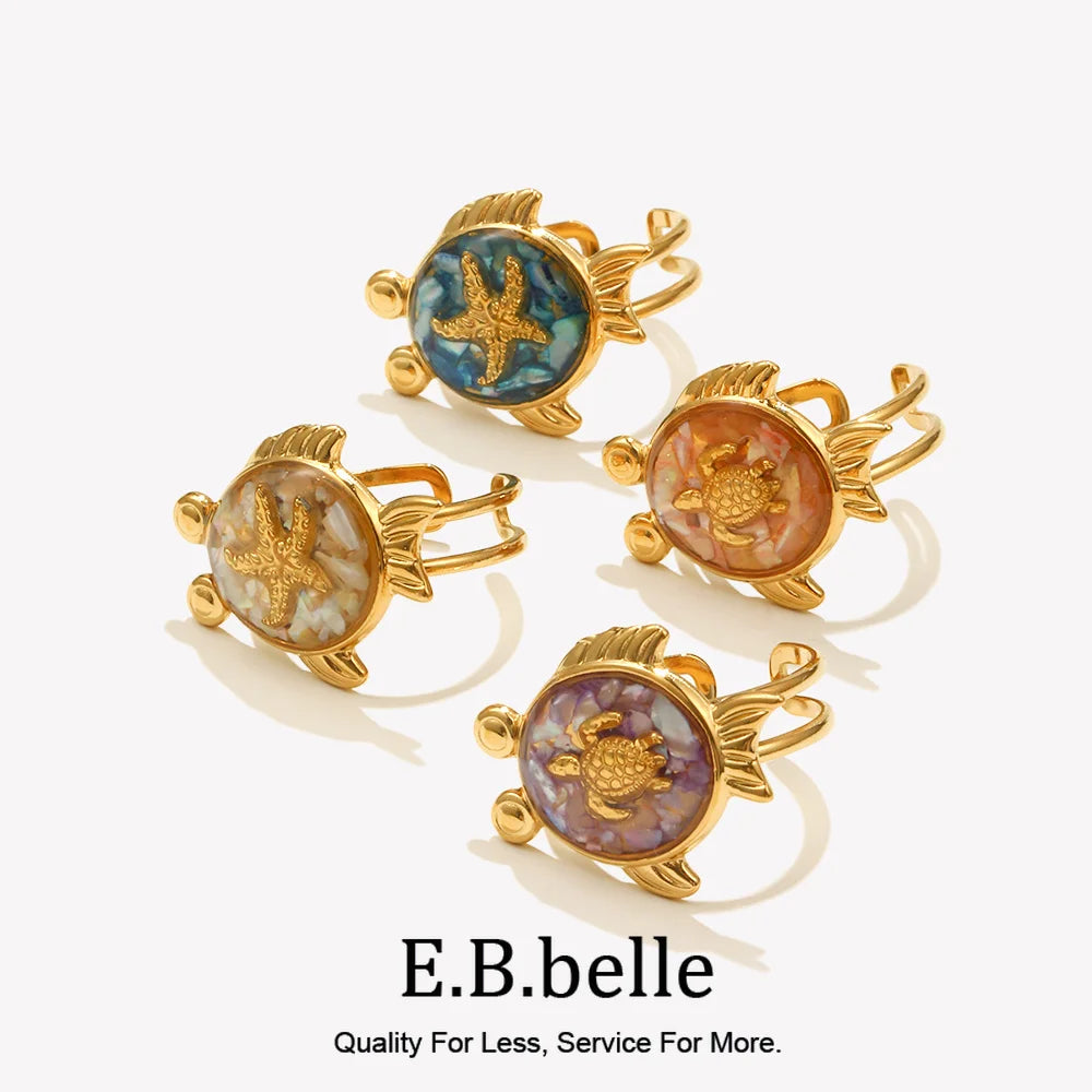 E.B.belle New Design Summer Women Cute Colorful Turtle Open Ring PVD Plated Stainless Steel Unique Holiday Party Jewelry
