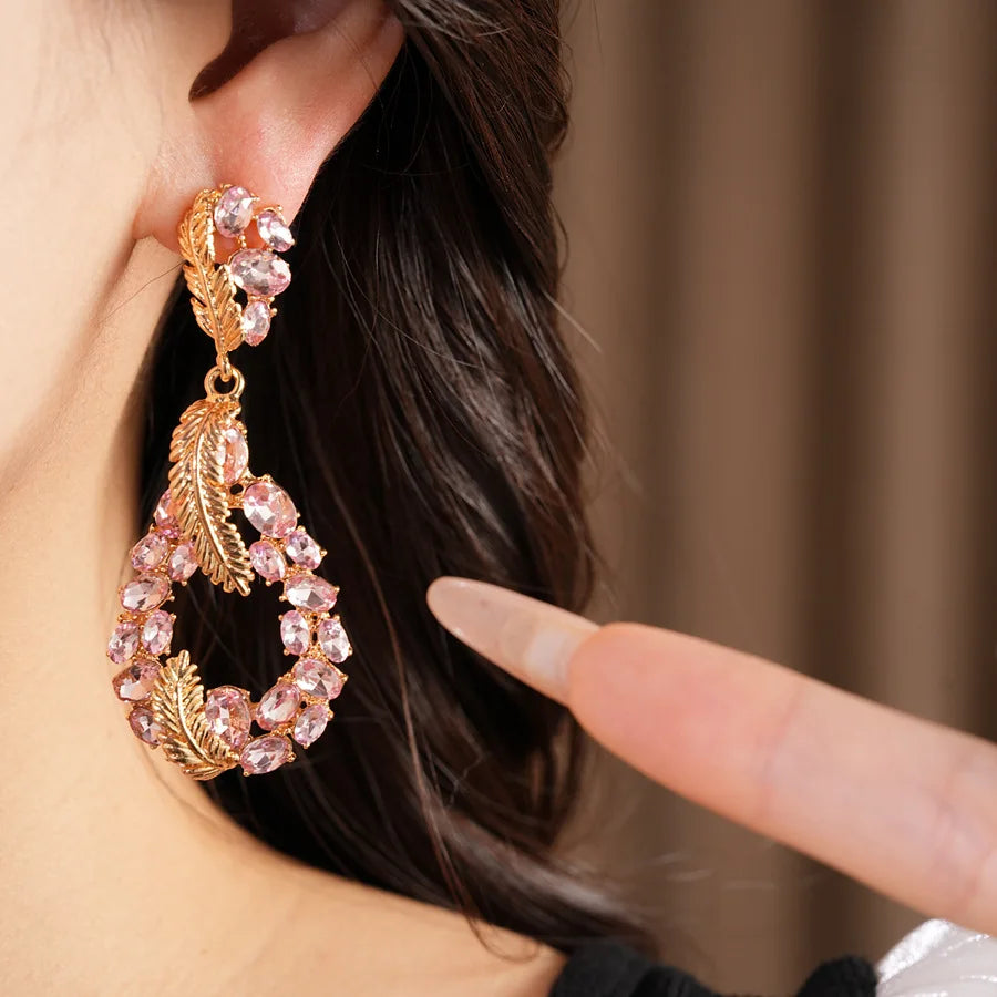 Vintage Rhinestone Inlaid Feather Drop Earrings Retro Style Light Luxury High Grade Elegant Exquisite Stud Ear Jewelry For Women