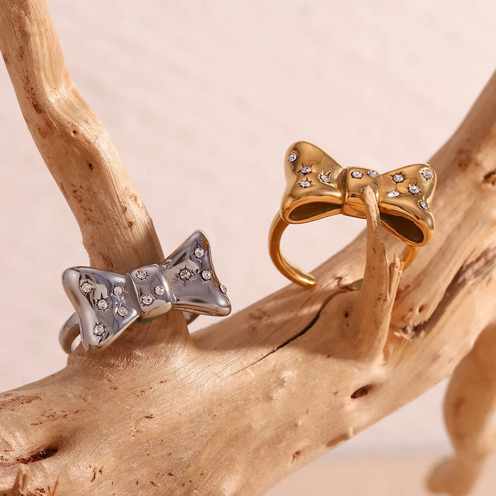 E.B.belle Micro Inlaid Bow Open Ring Waterproof Silver Color 316L Stainless Steel Decoration 18K Gold Plated Jewelry