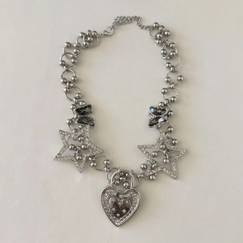 NISHIZAWA Y2k Butterfly Stars Necklaces for Women Vintage Inlaid Rhinestones Chokers Jewelry Fashion Hiphop Collares Para Mujer