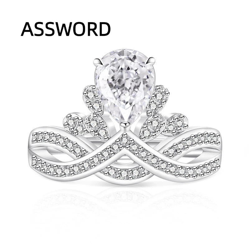 925 Sterling Silver Crown Teardrop Ice Flower Cut Cubic Zirconia Ring Twisted Split Shank Wedding Jewelry Gift for Women
