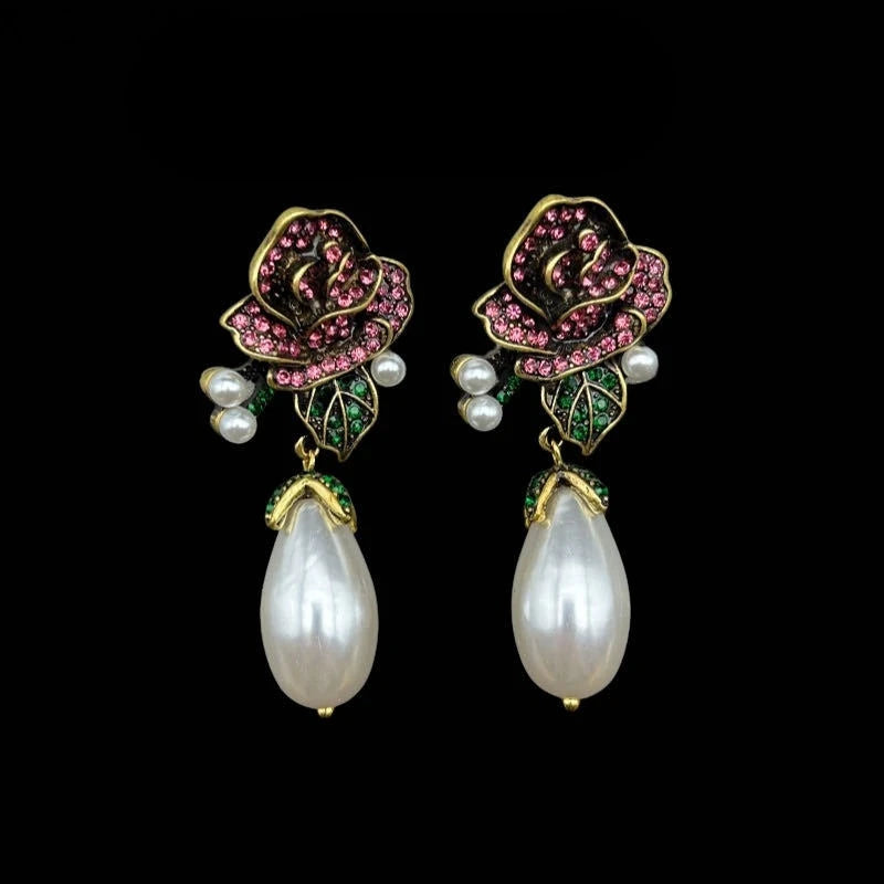 NISHIZAWA Pearls Earrings for Women Flowers Palace Style Vintage Sweet Jewelry Fashion Light Luxury Exquisite Aretes De Mujer