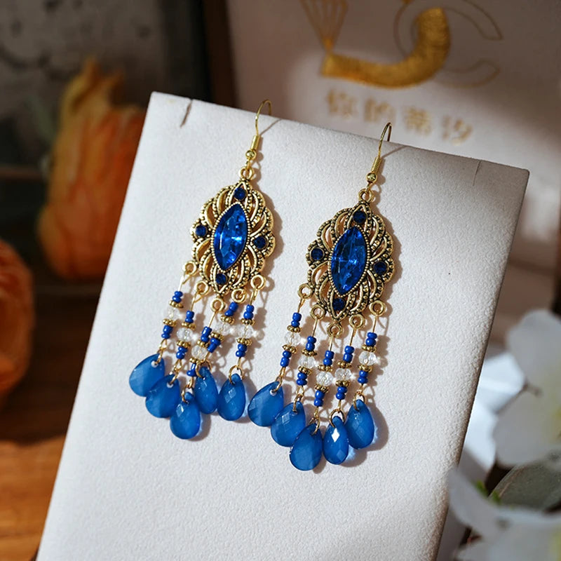 New Bohemian Ethnic Colorful Water Drop Tassel Earrings for Women Long Hollow Antique Gold Color Dangle Earring Pendientes Mujer