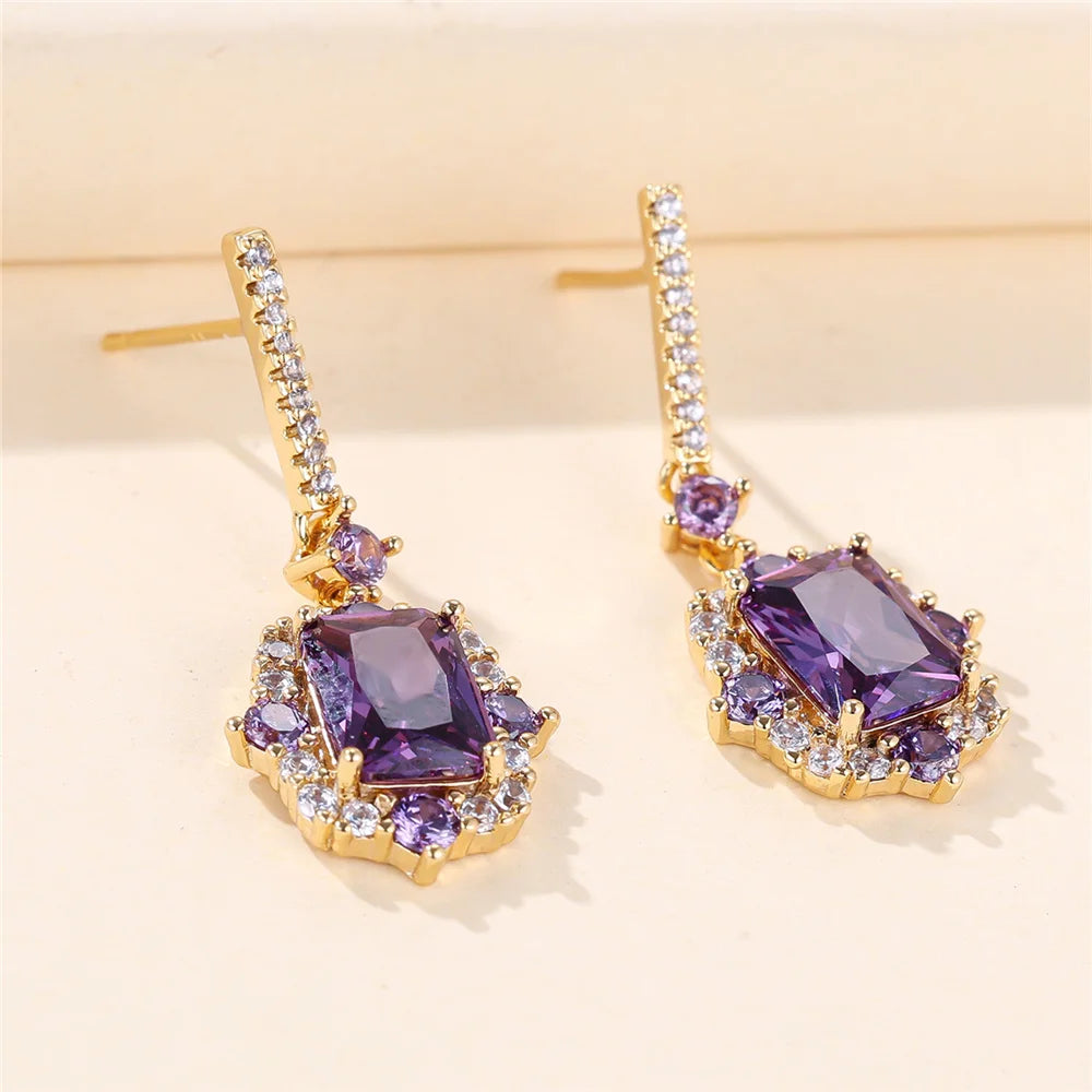 Luxury Female Purple Red Square Zircon Stone Drop Dangle Earrings Unique Gold Color Evening Jewelry For Women