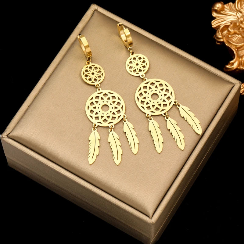 EILIECK 316L Stainless Steel Zircon Feather FOREVER Pendant Earrings For Women Fashion Ear Dangle Gold-Plated Jewelry Gift