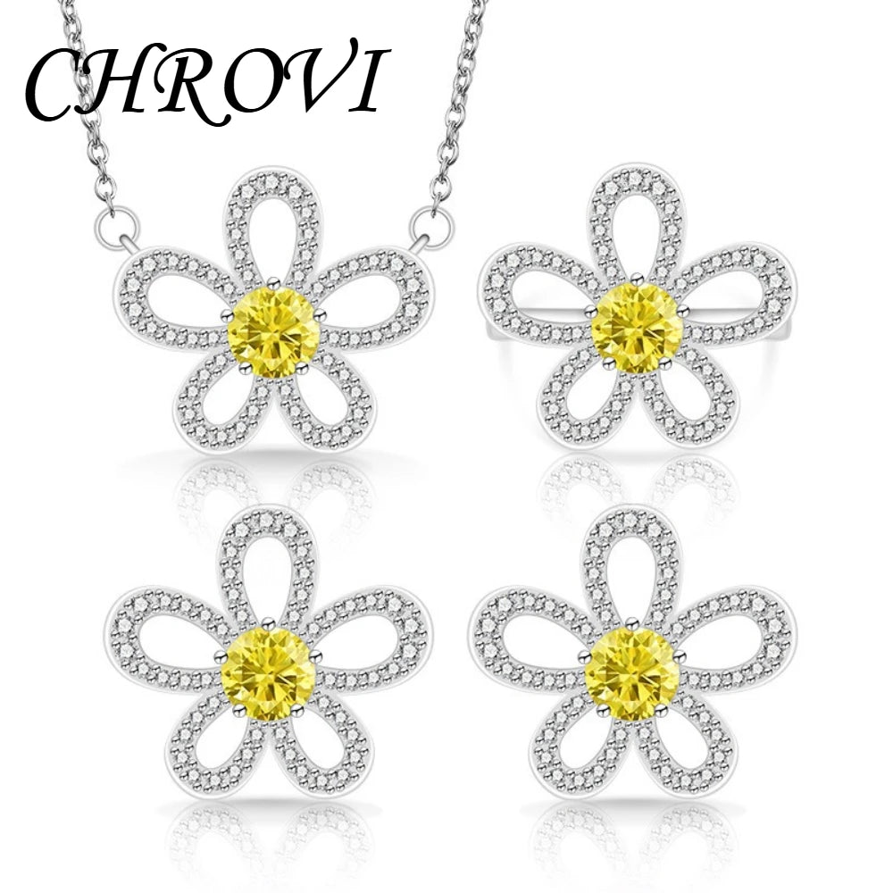 Sweet 925 sterling silver luxury full-diamond five-petal flower gemstone pendant ring earring three-piece jewelry set