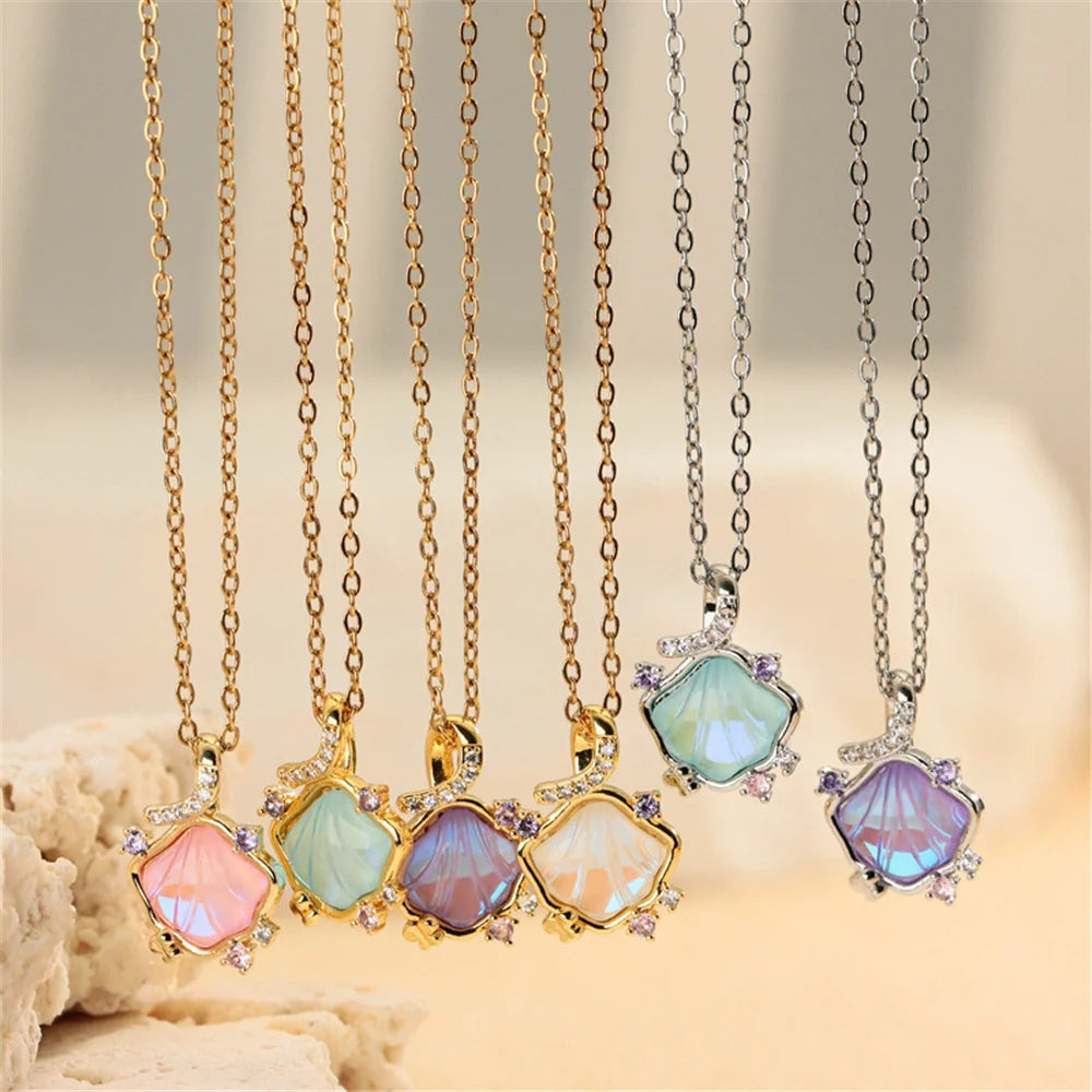 Rainbow Shell Luxury Female Blue Pink Green Zircon 2026 New Trendy Pendant Necklace Gold Silver Color Wedding Jewelry For Women