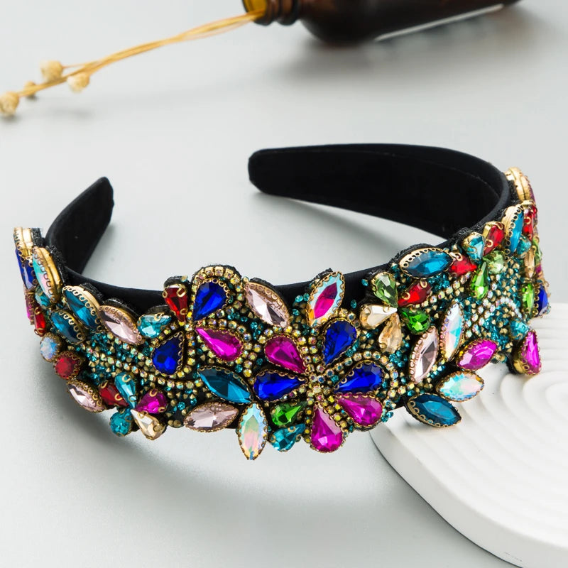 New Style Of Personalized And Exaggerated Colored Glass Diamond Flower Headband, Super Sparkling Headband Accessories