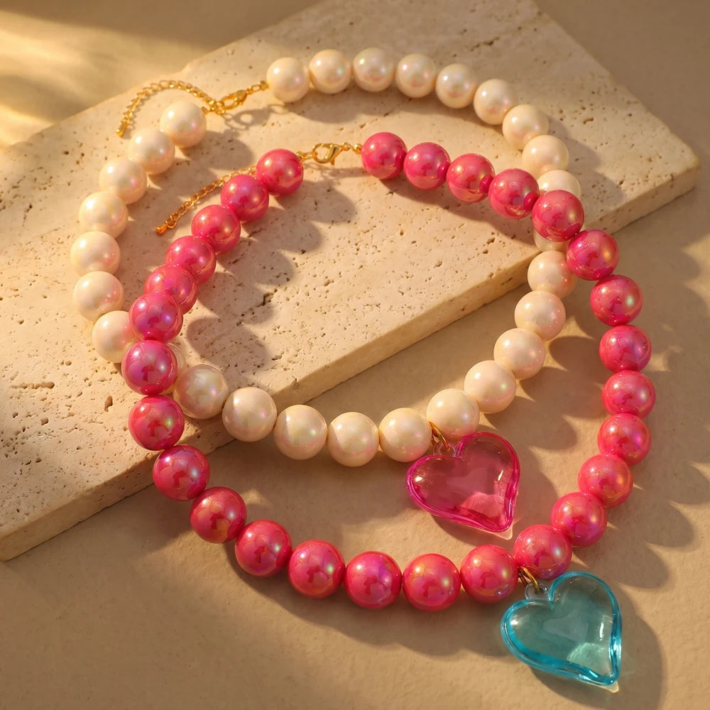 Colorful Resin Beads Choker Necklace for Women Fashion Transparent Big Love Heart Pendant Charm Collar Jewelry Party Gifts