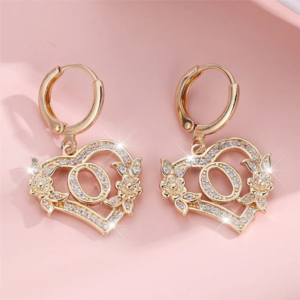 Female A-Z 26 Letter Heart Flower Hoop Earrings Yellow Gold Color White Zircon Wedding Jewelry For Women