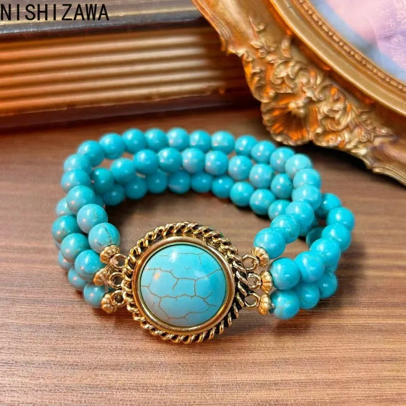 Turquoise Bracelets for Women Multilayered Vintage Versatile Jewelry Fashion Elegant Ethnic Style Beads Pulseras Mujer