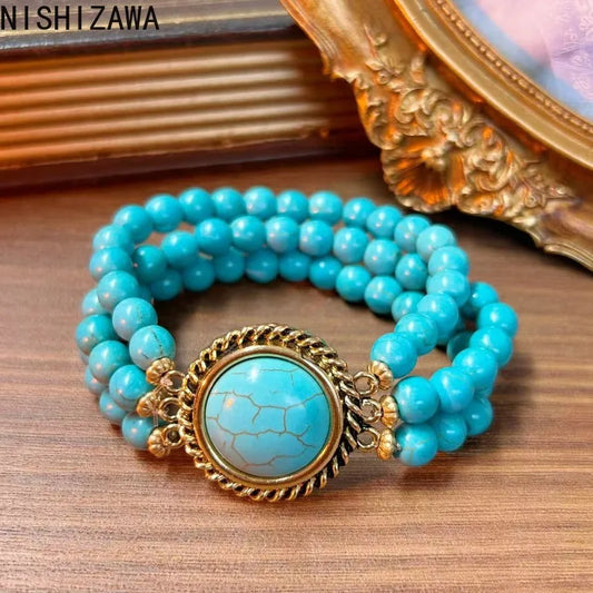Turquoise Bracelets for Women Multilayered Vintage Versatile Jewelry Fashion Elegant Ethnic Style Beads Pulseras Mujer