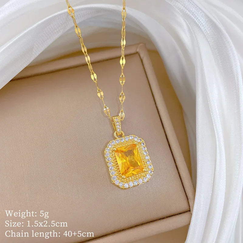 Korean Style Fashion Square Zircon Stainless Steel Necklaces For Women Luxury Elegant Female Clavicle Chain Jewelry Wholesale