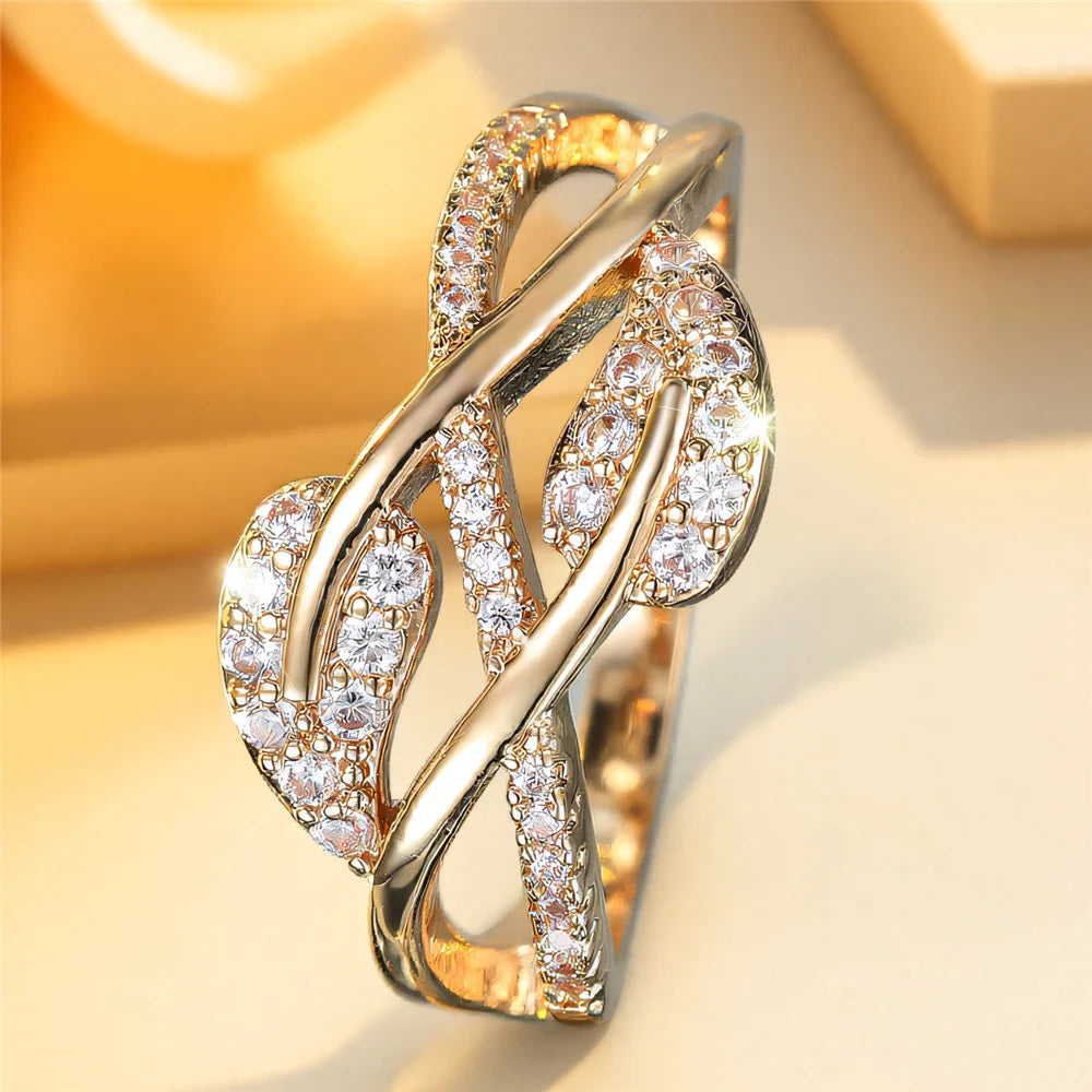 Cute Female White Zircon Stone Tree Leaf Ring Gold Color Engagement Charm Wedding Jewelry For Women