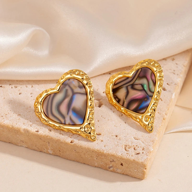 ANENJERY 316L Stainless Steel Ripple Metal Heart Earrings For Women Bohemia Niche Vintage Personality Delicate Jewelry Gifts