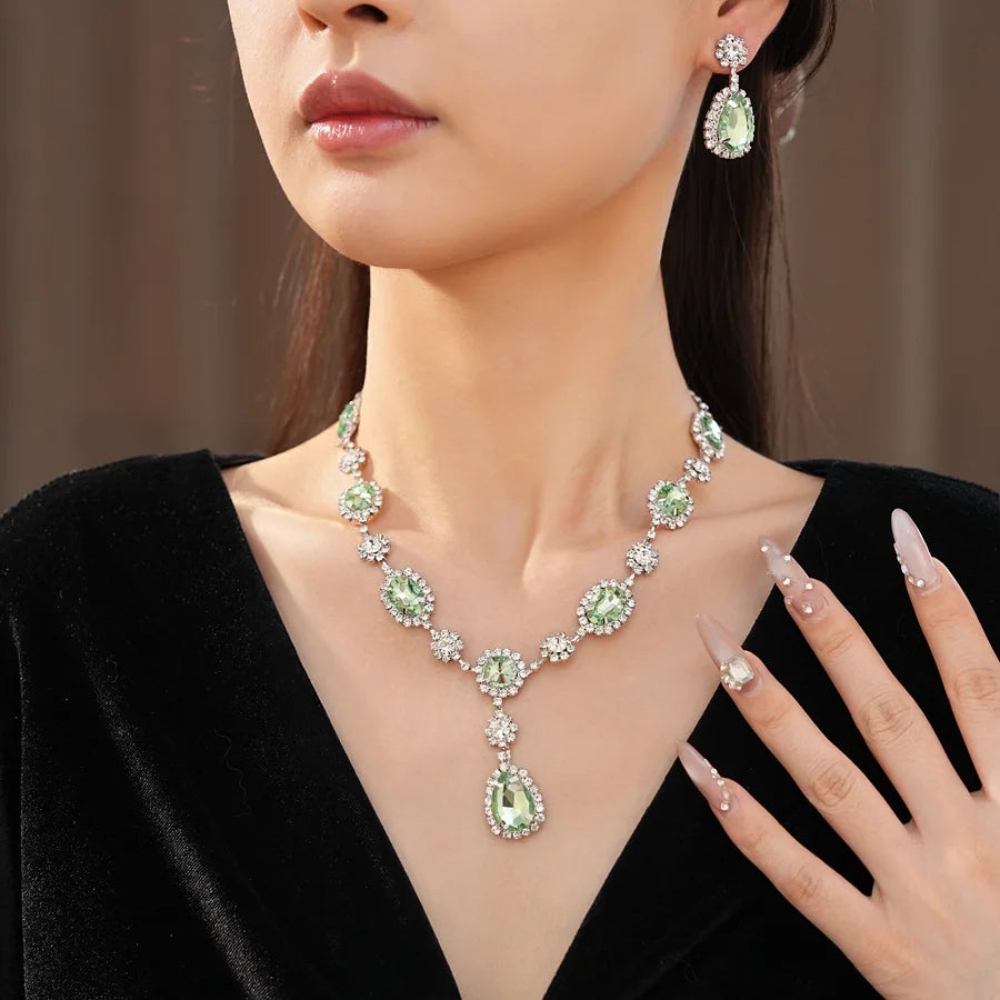 Shiny Cubic Zirconia Jewelry Set Women's Fashion Water Drop Teardrop Rhinestone Choker Necklace Dangle Earrings for Party K