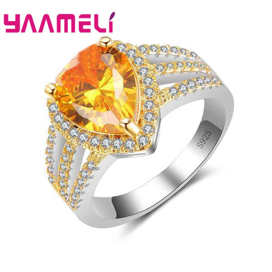 New Style Hearts Sparkling Yellow Crystals 925 Sterling Silver Color Promise Rings For Women Anniversary Wedding Decorations