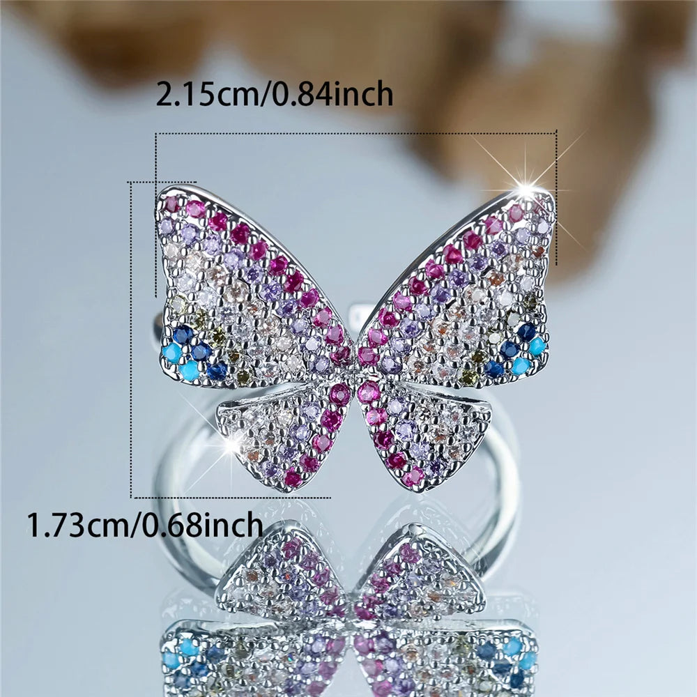 Charm Female Rainbow Butterfly Stone Adjustable Open Ring Gold Silver Color Cute Gift Wedding Jewelry For Women