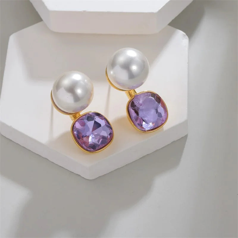 EILIECK Purple Crystal Zirconia Pearl Necklace Earrings Trendy Stainless Steel Waterproof Jewelry Set Golden Metal Texture Women