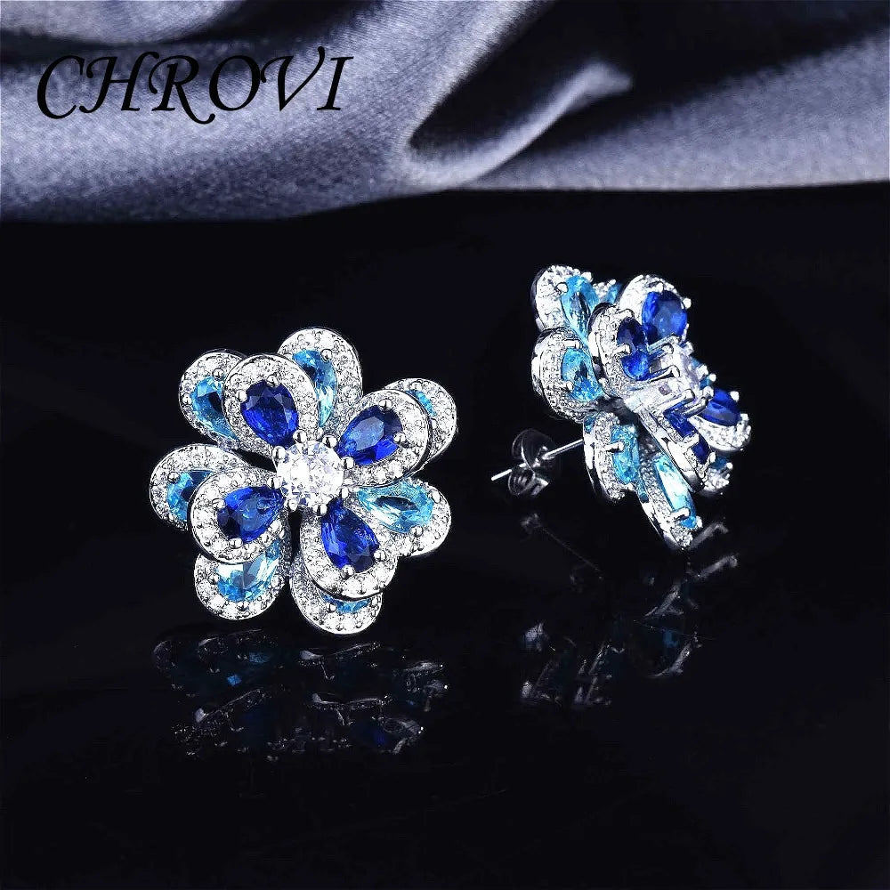 Elegant 925 Sterling Silver Coloured Flower Set, Simple Stud Earrings, 3D Flower Pendant, Open Ring